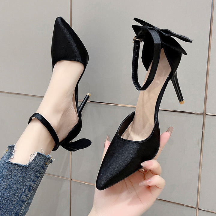 Damen Satin High Heels mit transparentem Riemen und Schleifenapplikation Drune