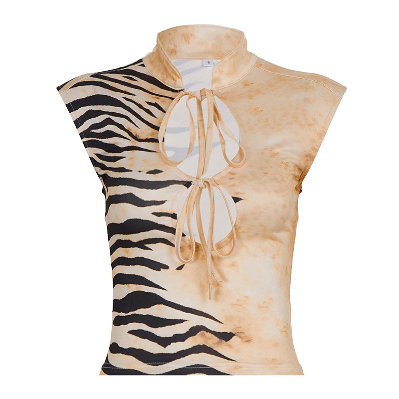 Damen modisches Oberteil mit aufregendem Tigerprint und dekorativen Schnürdetails Drune