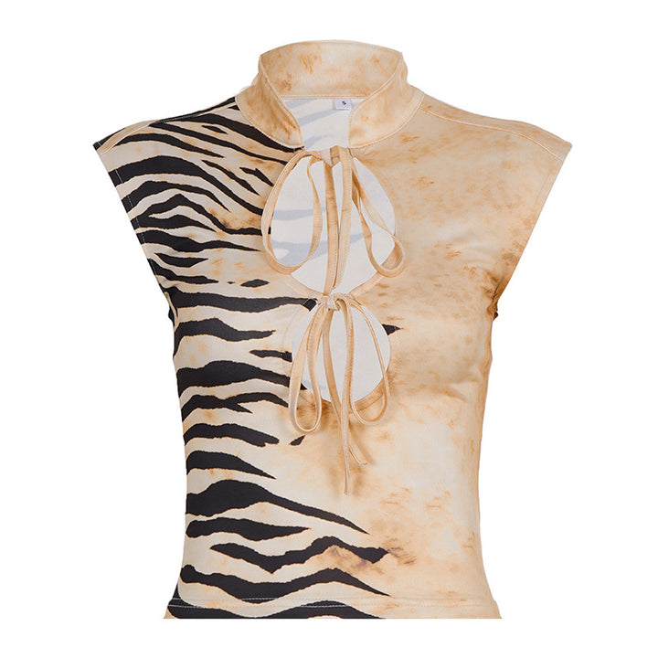 Damen modisches Oberteil mit aufregendem Tigerprint und dekorativen Schnürdetails Drune