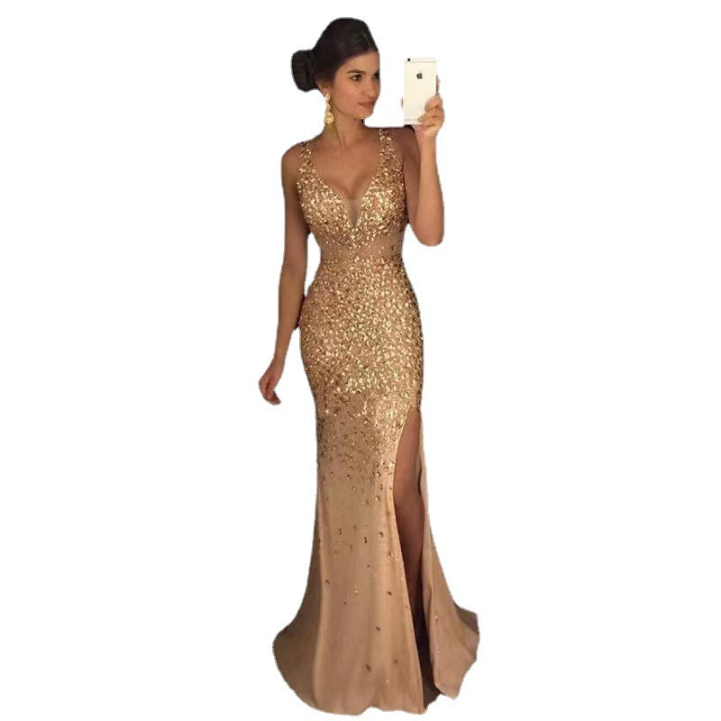Damen Glamouröses Abendkleid mit glitzernden Pailletten und tiefem Schlitz Drune
