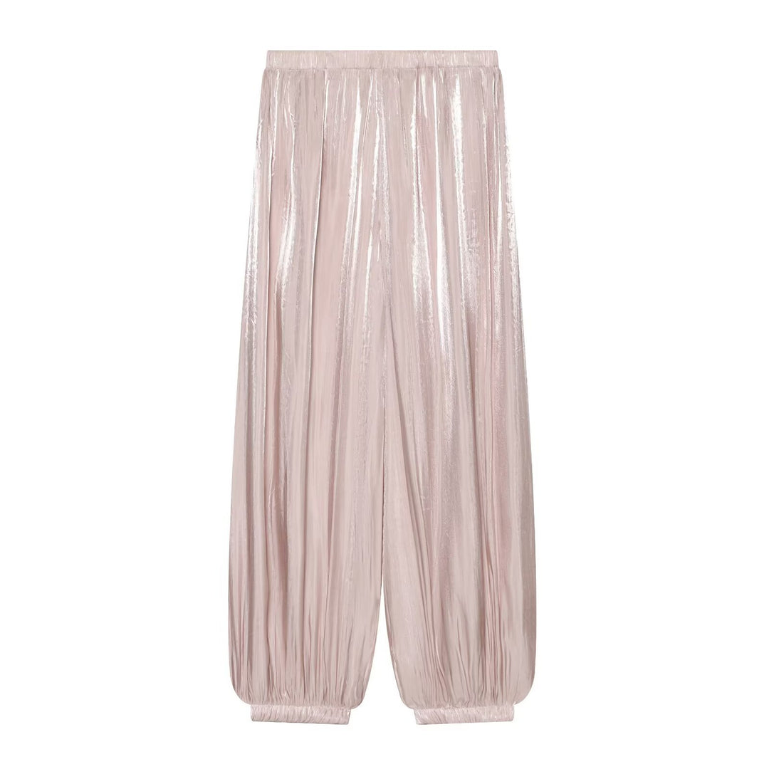 Damen Plissierte glänzende High‑Waist Palazzo-Jogger Drune
