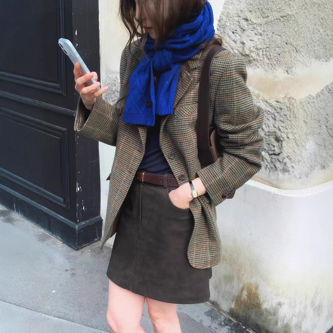 Damen Glencheck-Blazer mit Reverskragen, Pattentaschen und taillierter Silhouette Drune