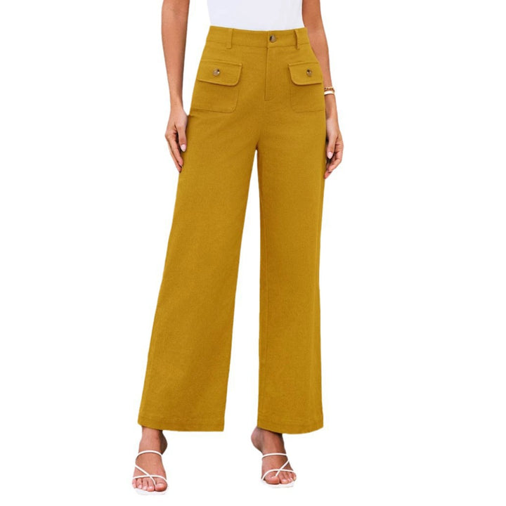 Hochtaillierte Damen-Trousers mit weitem Bein und Knopfklappen-Pattentaschen Drune