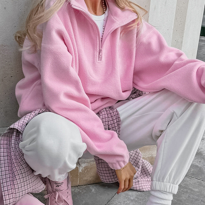 Damen cropped Fleece-Pullover mit Stehkragen Drune