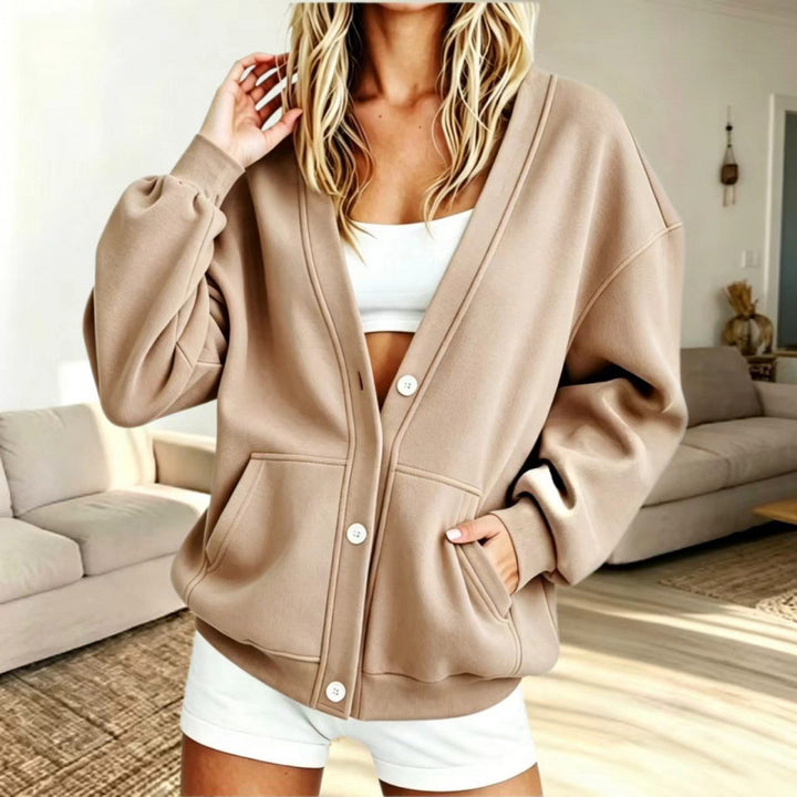 Damen Oversize-Cardigan mit Knopfleiste, Einschubtaschen und Ballonärmeln Drune