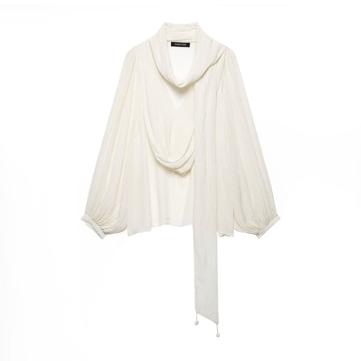 Damen Plissierte Oversize-Bluse mit Schlauchkragen und dekorativem Bindeschal Drune