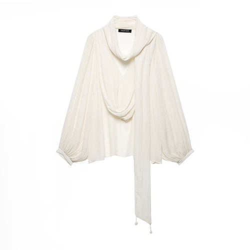 Damen Plissierte Oversize-Bluse mit Schlauchkragen und dekorativem Bindeschal Drune