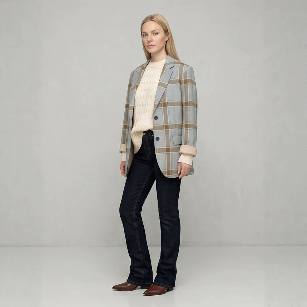 Damen Oversize-Karoblazer im Glencheck mit kastiger Silhouette und fallendem Revers Drune