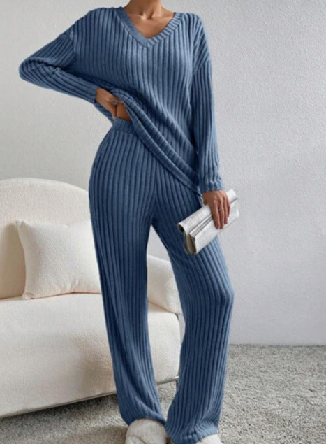 Damen Exklusives Lounge-Set mit V-Ausschnitt und feiner Rippstruktur Drune