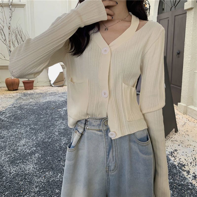 Damen Stilvolle Strickjacke mit V-Ausschnitt und Taschen Drune