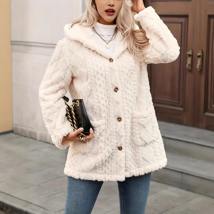 Damen angenehme und weiche Plüschjacke mit Kapuze und Taschen Drune