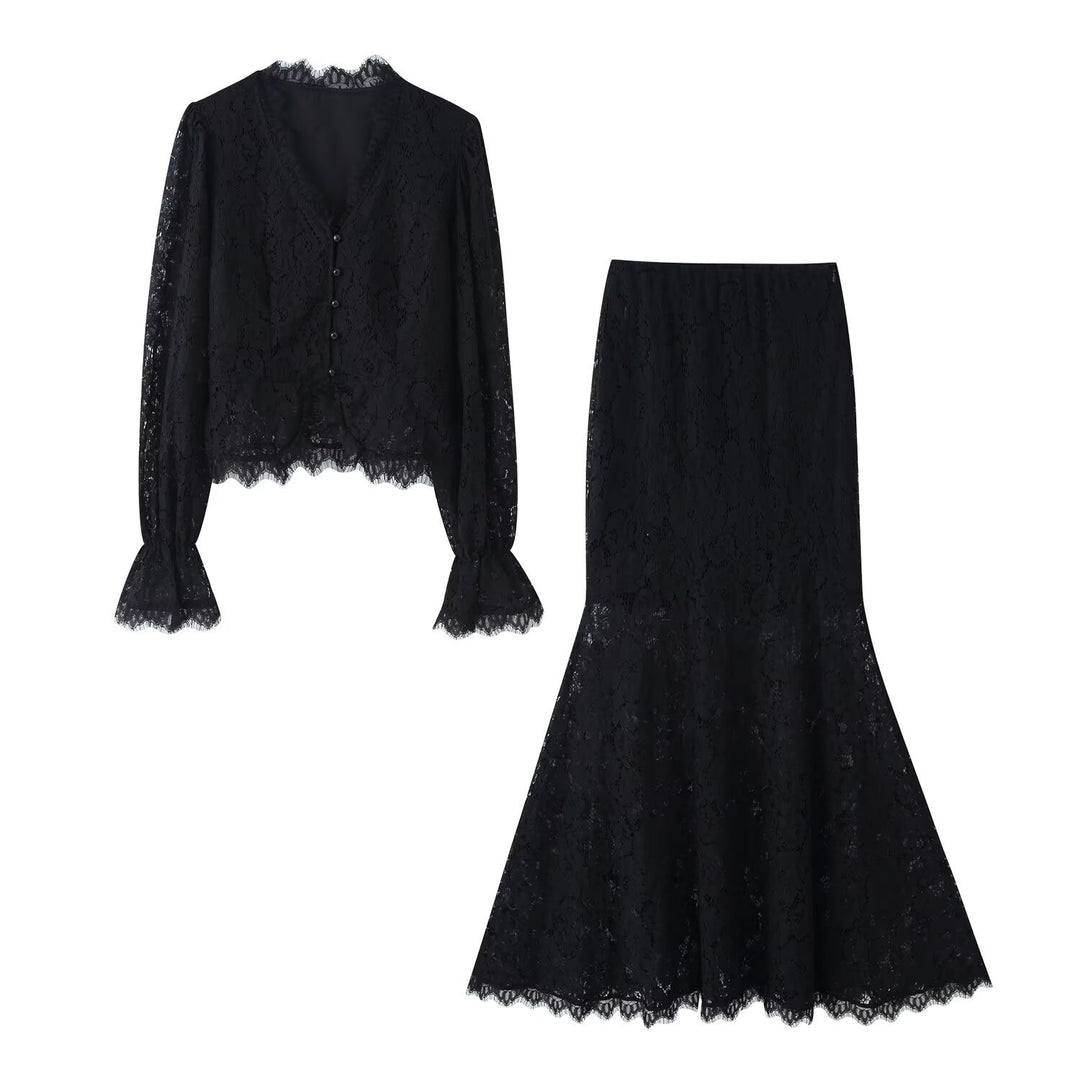 Damen Spitzenblusen- und Rock-Set Drune