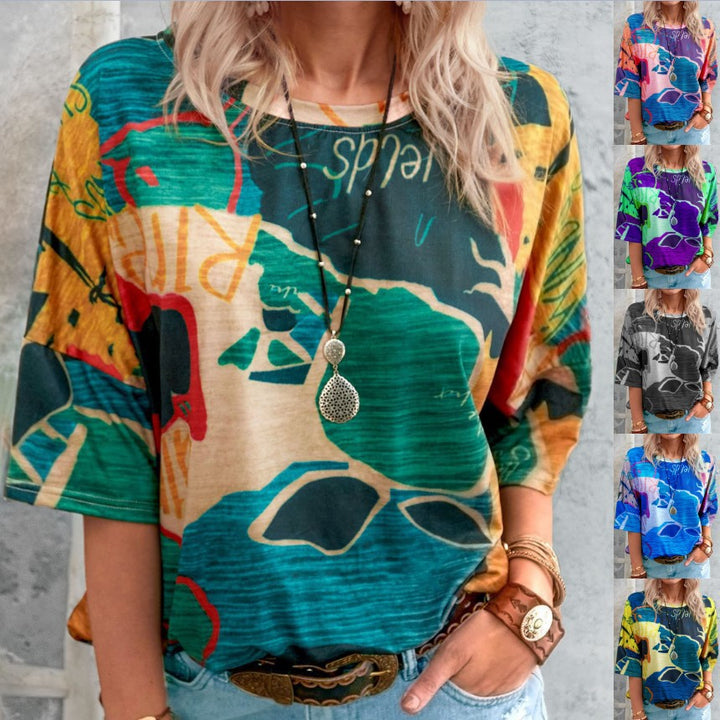 Damen Lockere Viskose Druckbluse mit halblangen Ärmeln und Rundhalsausschnitt Drune