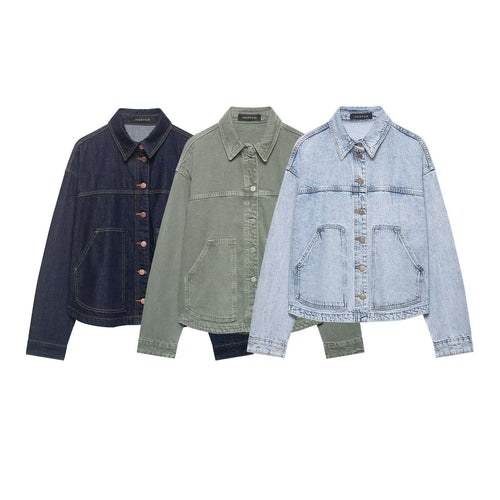 Damen Boxy Cropped Denim-Workerjacke mit großen aufgesetzten Fronttaschen Drune