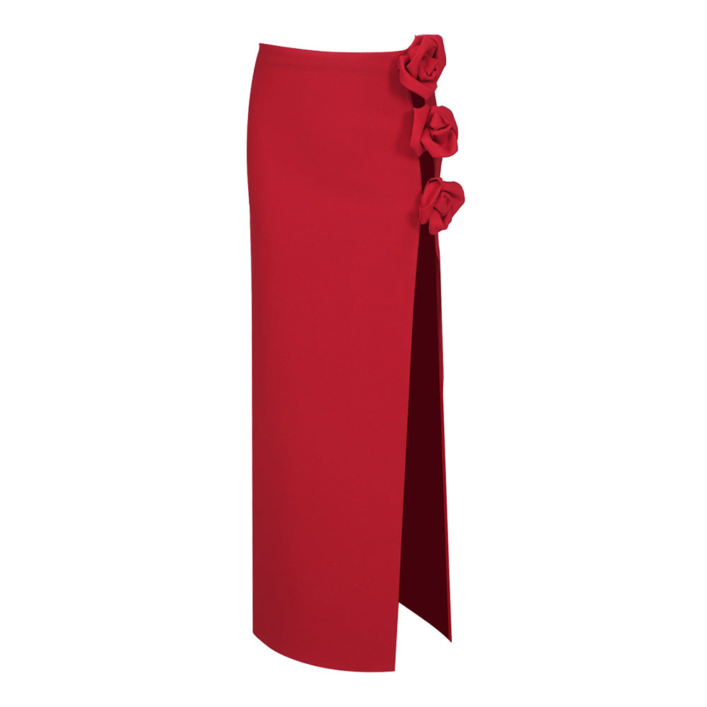 Damen eleganter, figurbetonter Rock mit Blumenapplikationen und seitlichem Schlitz Drune