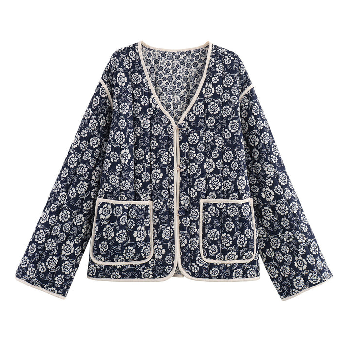 Damen gesteppte Jacke mit floralem Allover, V-Ausschnitt, Kontrastpaspel und aufgesetzten Taschen Drune