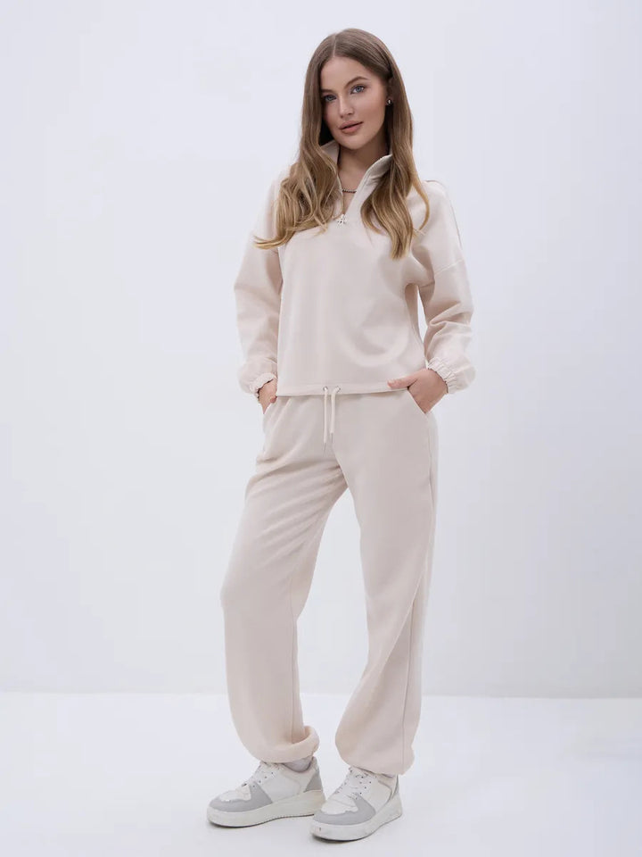 Damen weiches Lounge-Set mit halbem Reißverschluss, Kordelzughose und elastischen Bündchen Drune