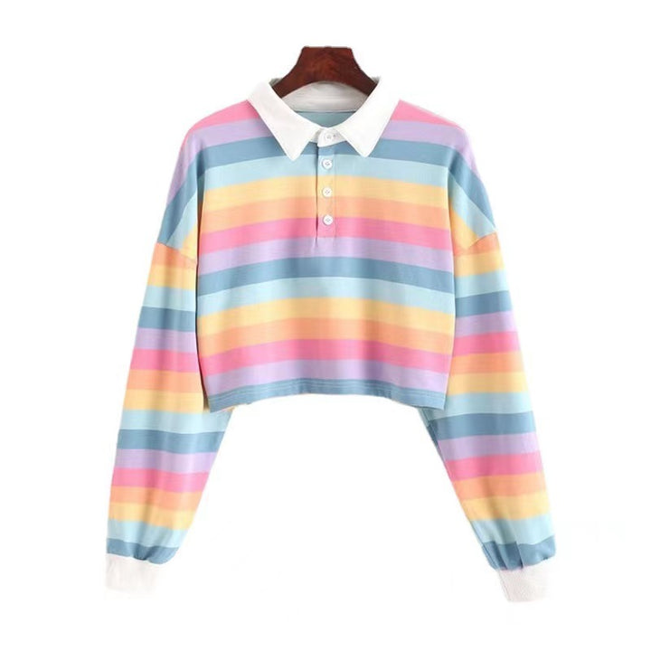 Damen Cropped Poloshirt mit bunten Streifen und weitem Schnitt Drune