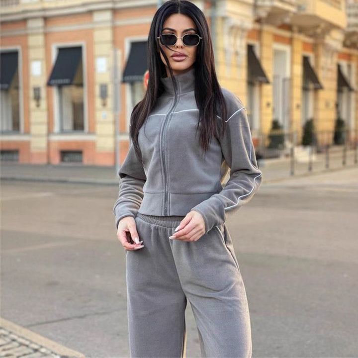 Damen Kurzgeschnittenes Zip-Oberteil mit lockerfallender High-Waist-Loungehose Drune
