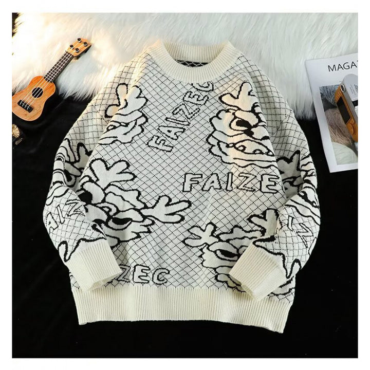 Unisex Oversized Jacquard-Strickpullover mit Allover-Motiv und Rippbündchen Drune