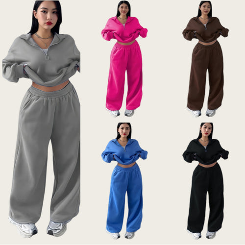 Damen Cropped Oversize-Sweatshirt mit halbem Reißverschluss und weite High-Waist Jogginghose Set Drune