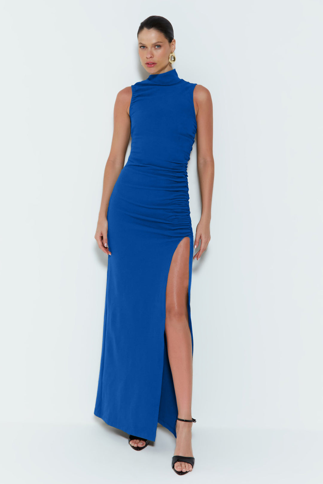 Damen Figurbetontes Maxikleid mit Stehkragen und geschmeidigem Rüschen-Design Drune