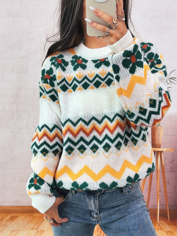 Damen Grobstrickpullover mit buntem geometrischen Muster Drune