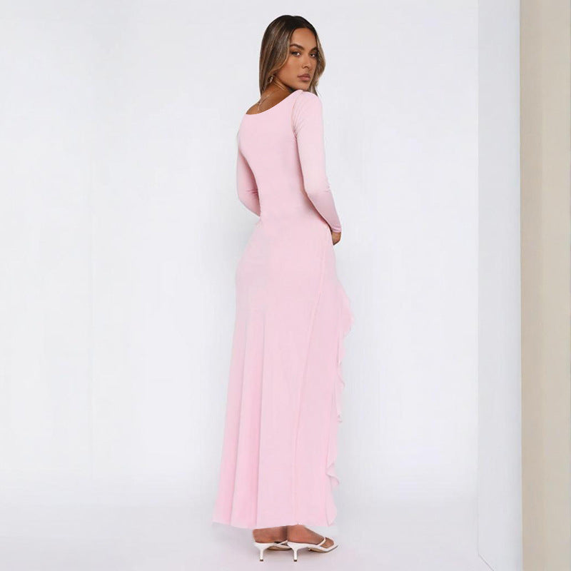 Damen elegantes Maxikleid mit Rüschen und tiefem Ausschnitt Drune