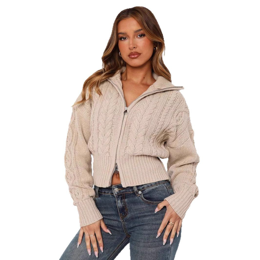 Damen modischer kurz geschnittener Strickcardigan mit Zopfmuster und Reißverschluss Drune