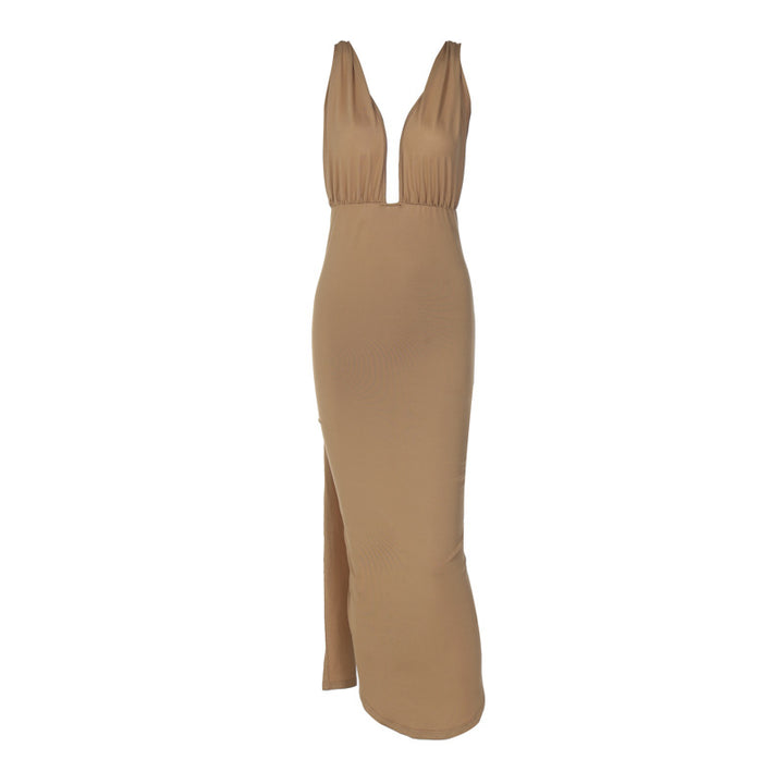 Damen Maxikleid mit tiefem V-Ausschnitt und seitlichem Schlitz Drune