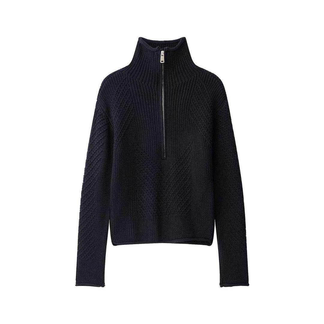 Damen Grobstrick-Pullover mit halbem Reißverschluss und hohem Stehkragen Drune