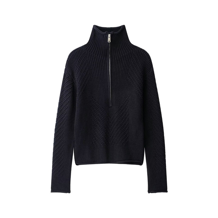 Damen Grobstrick-Pullover mit halbem Reißverschluss und hohem Stehkragen Drune