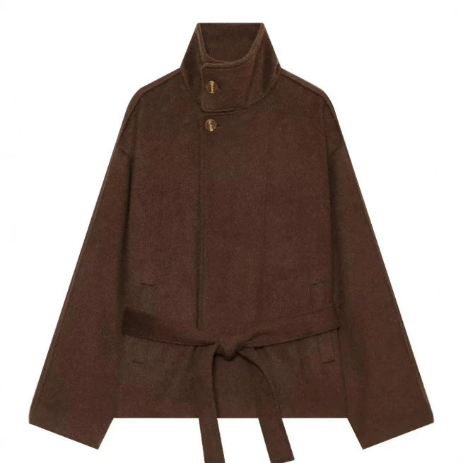 Damen Kurzer Wollmix‑Capecoat mit hohem Stehkragen, verdeckter Knopfleiste und Taillenbindegürtel Drune