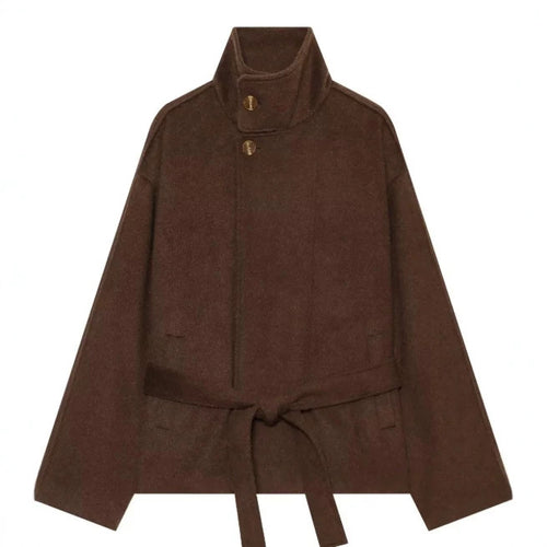 Damen Kurzer Wollmix‑Capecoat mit hohem Stehkragen, verdeckter Knopfleiste und Taillenbindegürtel Drune