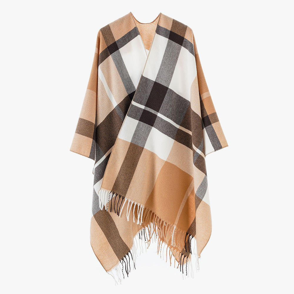 Damen Oversize-Karoponcho aus weichem Wollmix mit Fransensaum Drune