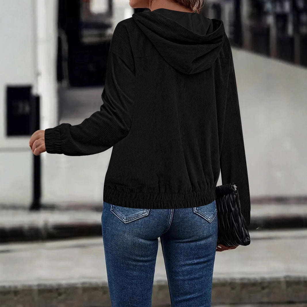 Damen Casual Cord-Hoodiejacke mit feiner Kordsamtstruktur, durchgehendem Reißverschluss und elastischem Saum Drune