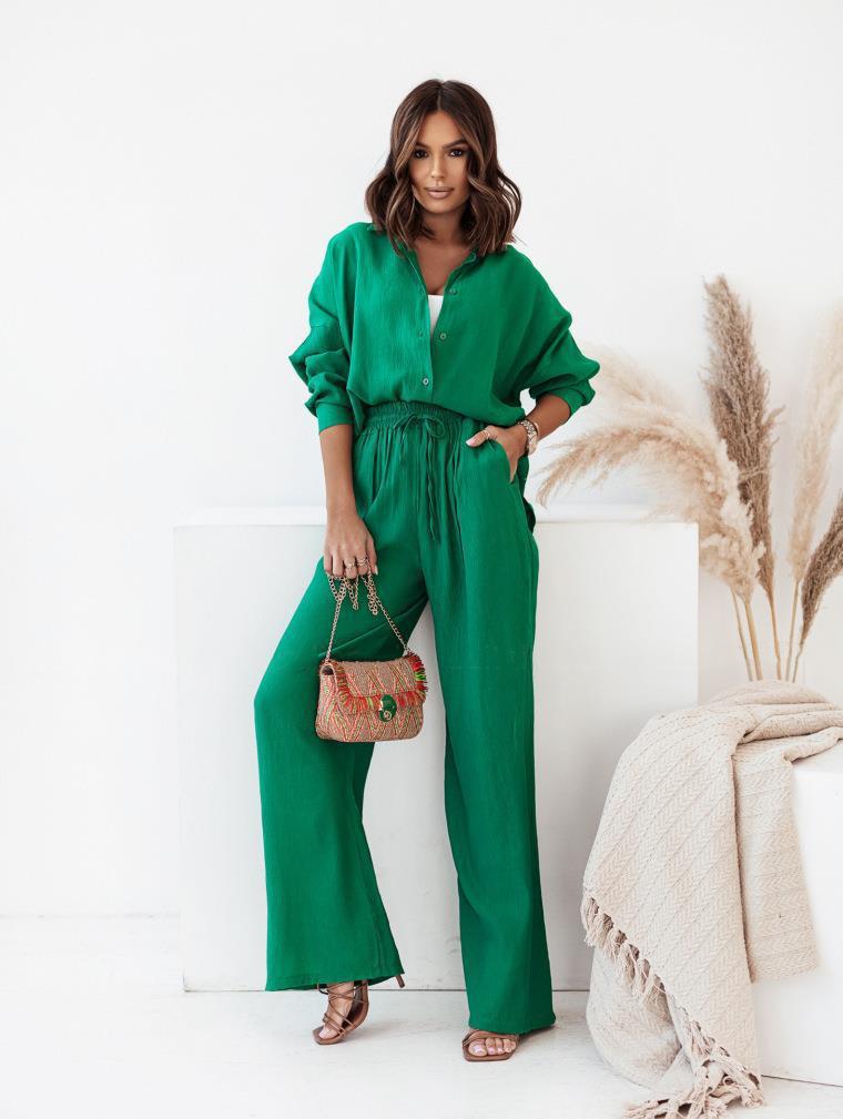 Damen luftiges Zweiteiliges Set aus Hemd und Hose mit Taillenknoten Drune