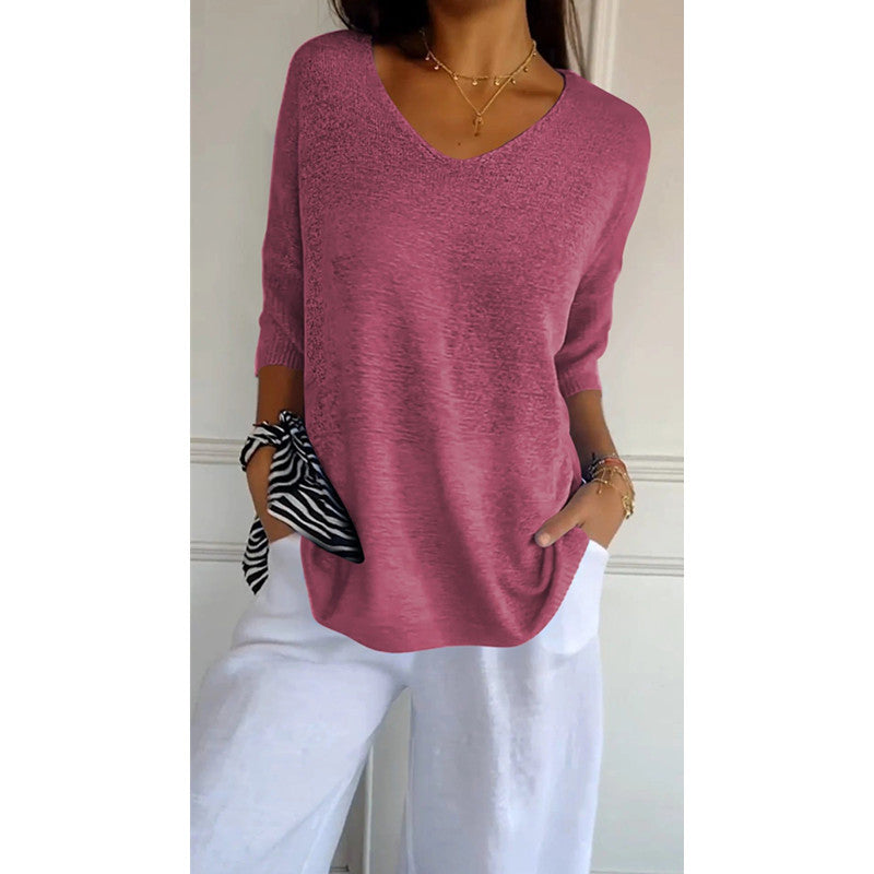 Damen nan locker sitzender V-Ausschnitt Feinstrickpullover mit dreiviertelÄrmeln Drune