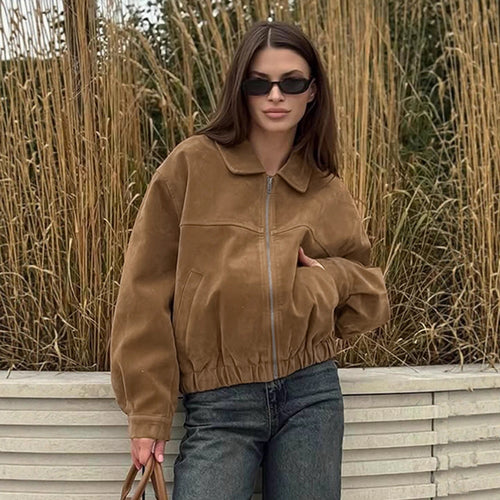 Damen Modische Wildlederjacke mit elastischem Bund und asymmetrischem Kragen Drune