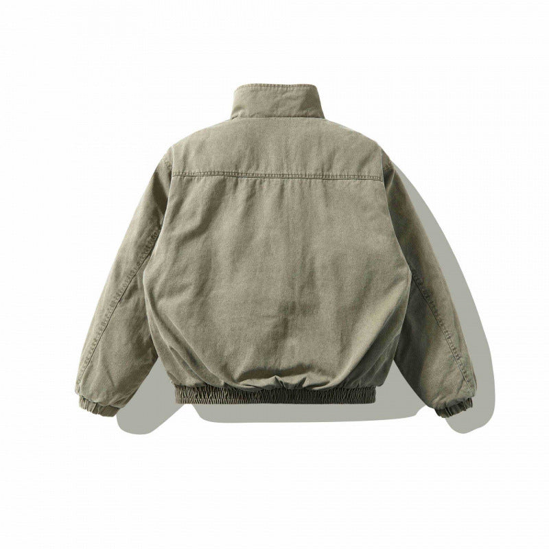 Unisex Weitgeschnittene Canvas-Utility-Jacke mit Stehkragen, Pattentaschen und elastischem Saum Drune
