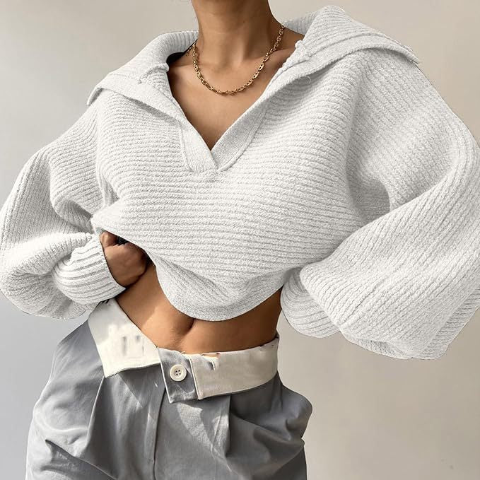 Damen nan Grobstrick-Pullover mit weitem Kragen und V-Ausschnitt Drune
