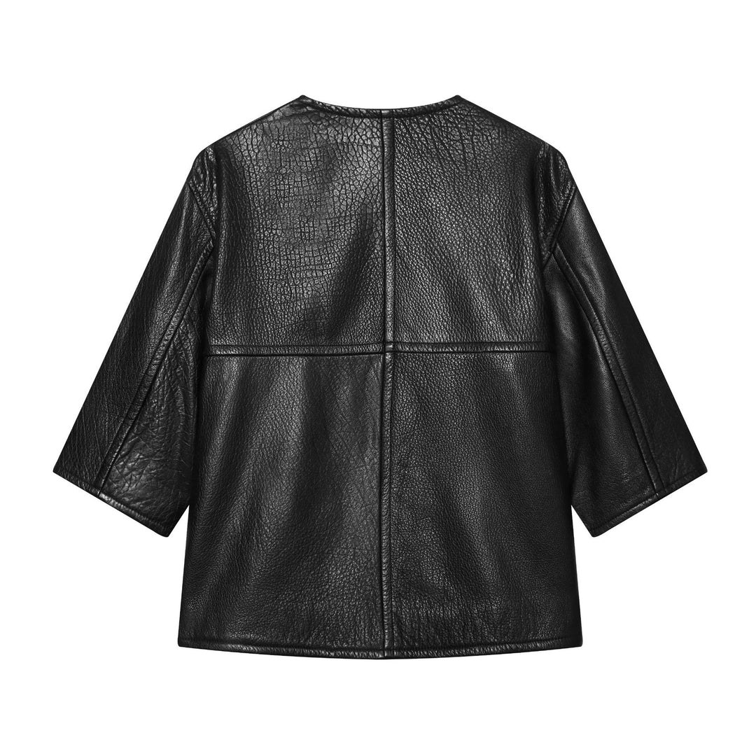 Damen Kurzarm-Lederimitatjacke mit Rundhalsausschnitt, geradem Schnitt und Eingrifftaschen Drune