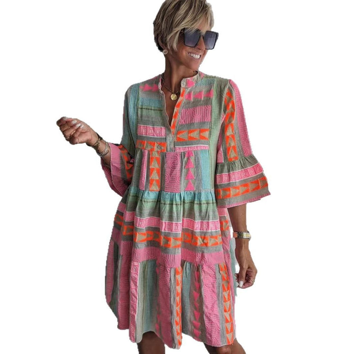 Damen luftiges Sommerkleid mit bunten geometrischen Mustern Drune