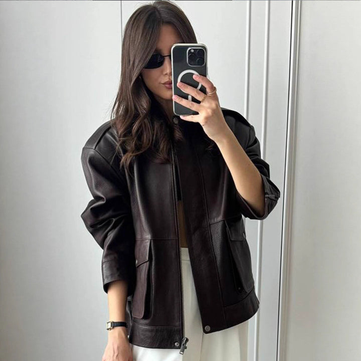 Damen stylische Lederjacke mit praktischen Taschen und modernem Schnitt Drune