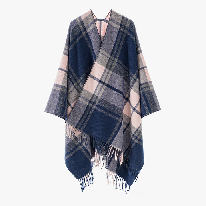 Damen Karierter Cape-Überwurf im Oversize-Stil aus Wollmix mit Fransensaum Drune