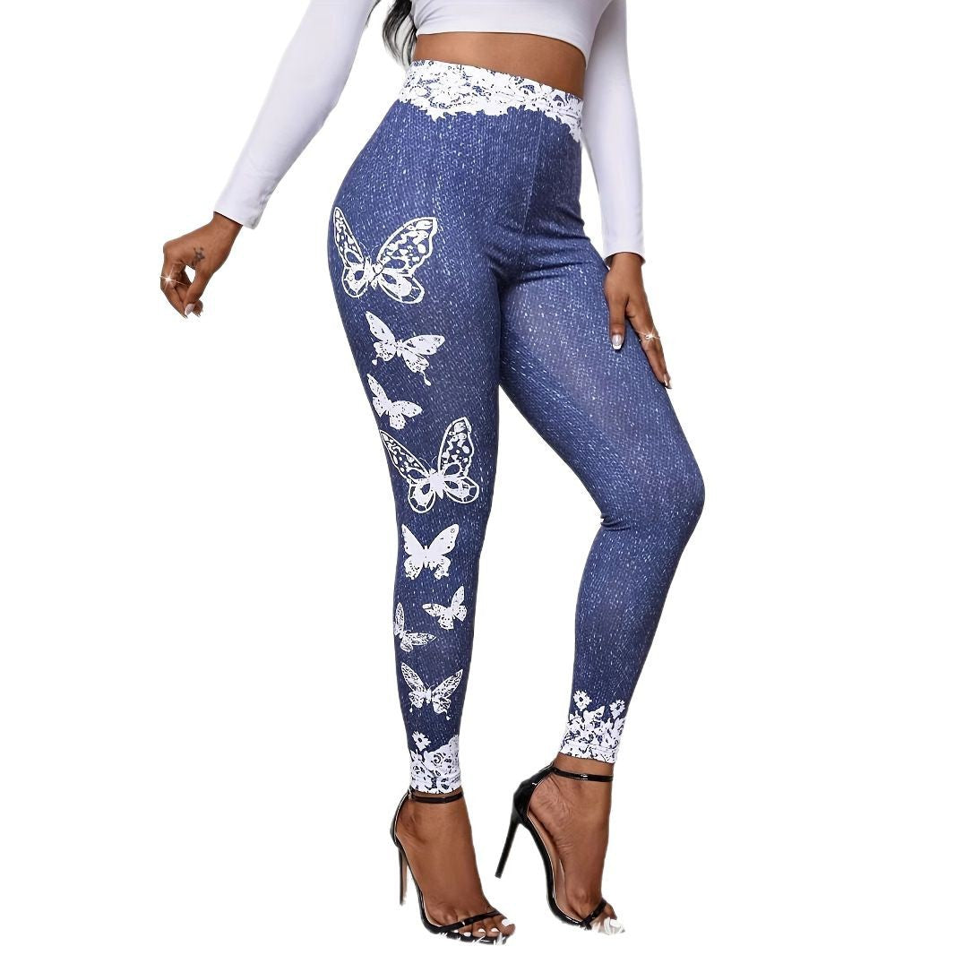 Damen Leggings mit floralem Spitzensaum und buntem Schmetterlingsdruck Drune