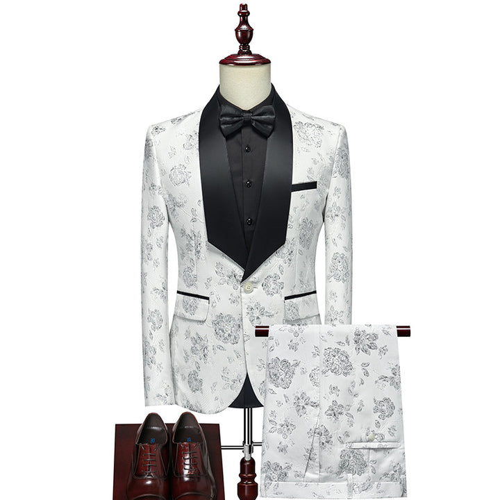 Herren Luxuriöses dreiteiliges Smoking-Set mit Schalrevers und Blumen-Jacquard Drune