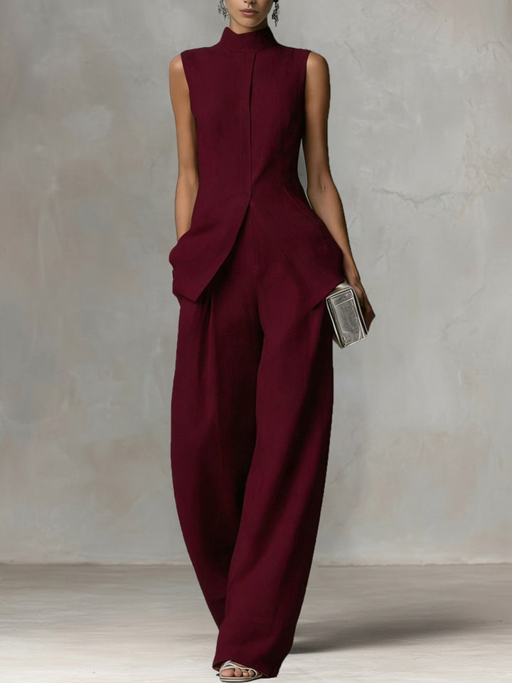 Damen Ärmelloser Leinen-Jumpsuit mit Stehkragen und weitem Bein Drune