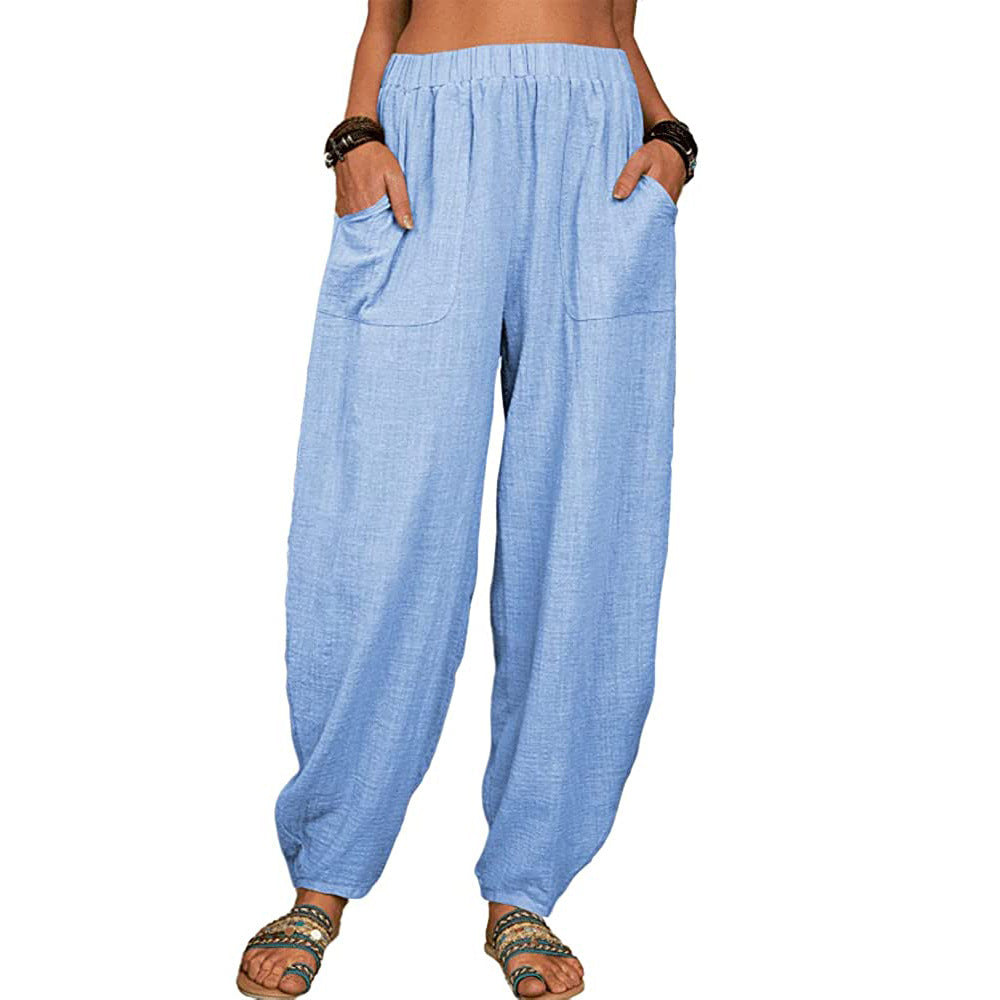 Damen nan lockere Leinenhose mit weitem Bein elastischem Bund und großen aufgesetzten Taschen Drune