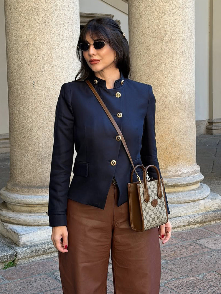 Damen Taillierter Blazer mit Stehkragen und goldenen Zierknöpfen Drune